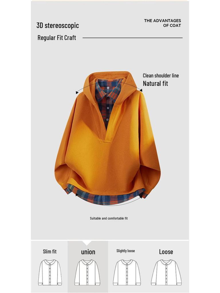 Unisex Plaid Patchwork V-Neck Hooded Sweatshirt