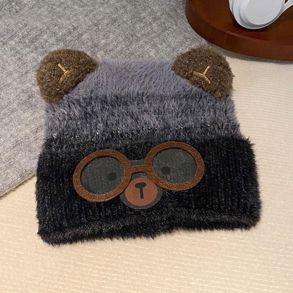 Cute glasses cat ears bear ears plush pullover hat women's new thickened warm face small knitted wool hat
