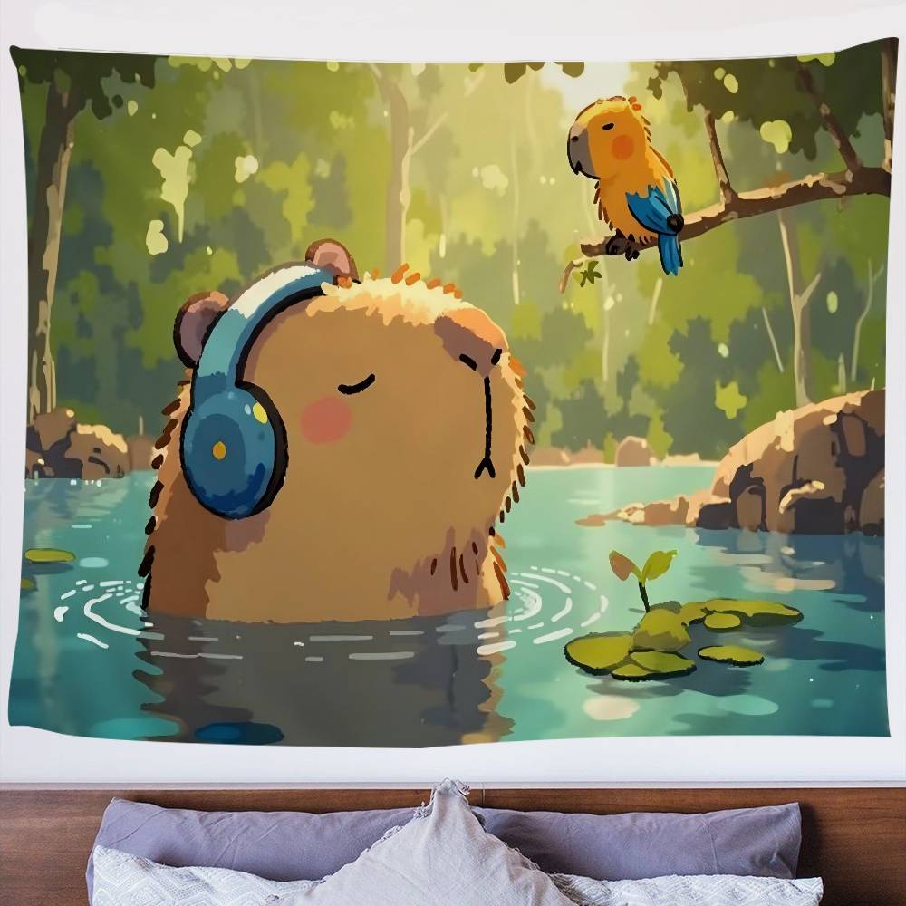 Süße Capybara Cartoon Sommer Wandteppich Kunstdruck Japanischer Wandbehang Anime Wandbehang Heimdekoration