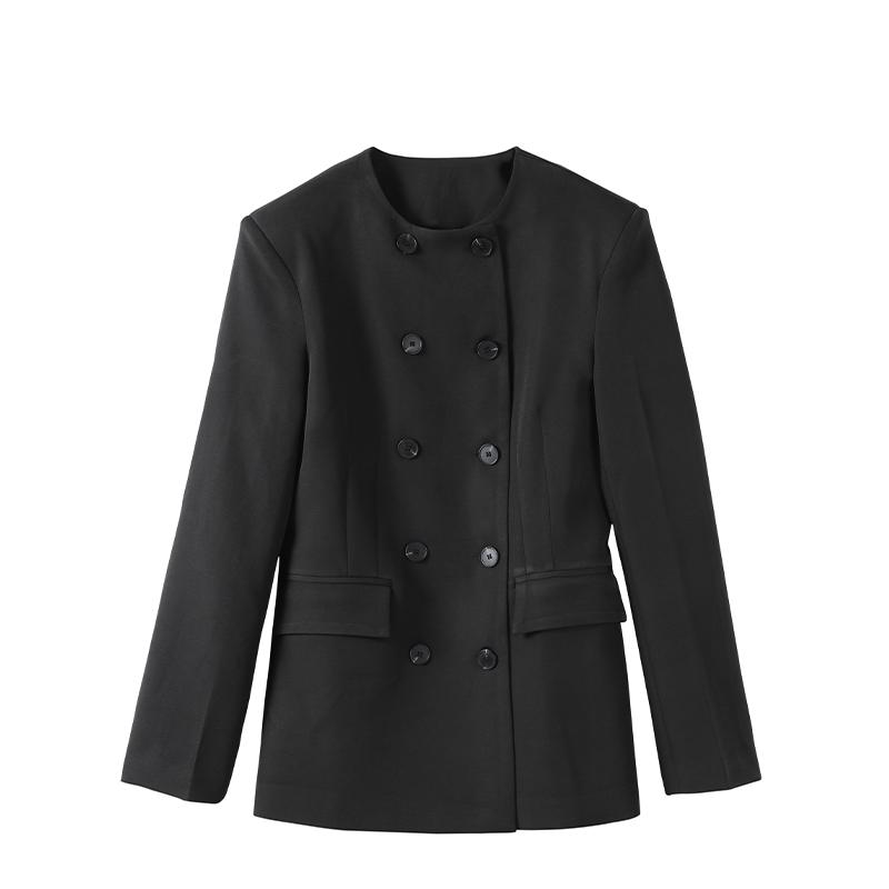 

Элегантный черный костюм женский пиджак круглый вырез подплечники двубортные пальто женские 2025 весна новые верхние одежды леди L чёрный