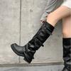 2025 nouveau pantalon tube noir montant bottes tube femme bottes de chevalier cowboy occidental bottes plissées à semelle épaisse
