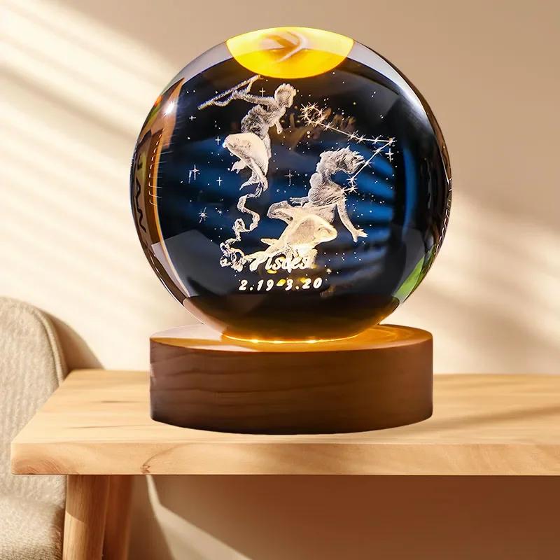 12 Constellation Crystal Ball with LED Office Decoration Sphere Stand Holder Laser Engraving Glass Ball Birthday Gift Souvenir