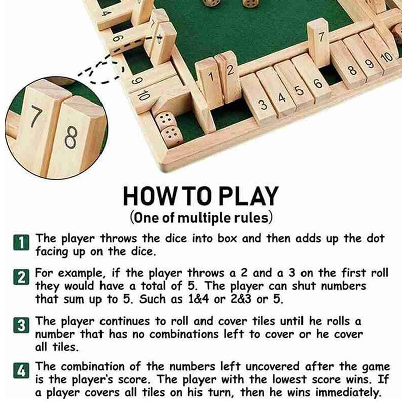 Wooden 4Players Shut The Box Dice Game Tabletop Family Parents Kids Board Games