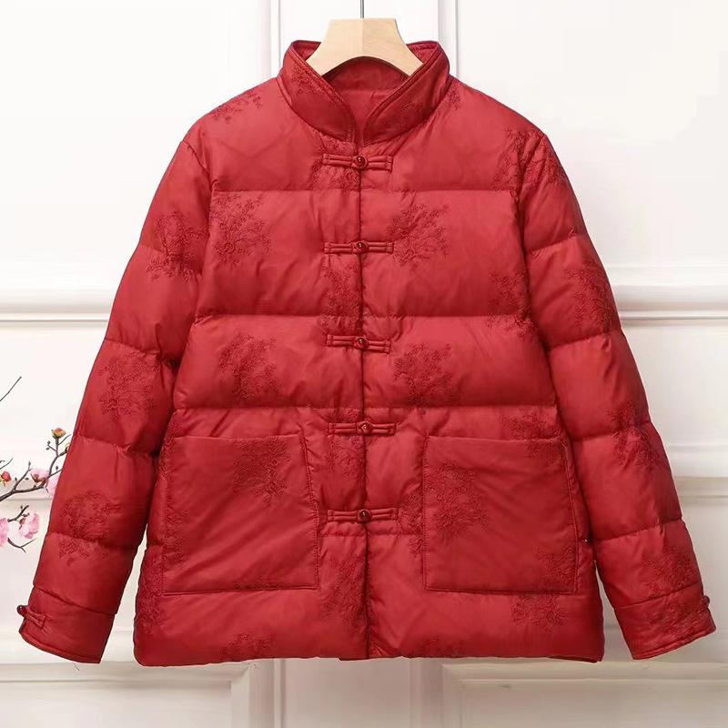 Chinese style embroidered retro down jacket women's short light stand-up collar Chinese buckle autumn and winter new