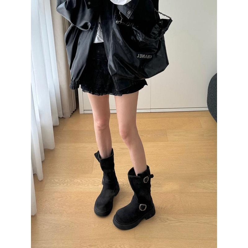 Vintage thick-soled Martin boots metal buckle western cowboy boots suede thick heel round head thin pile boots