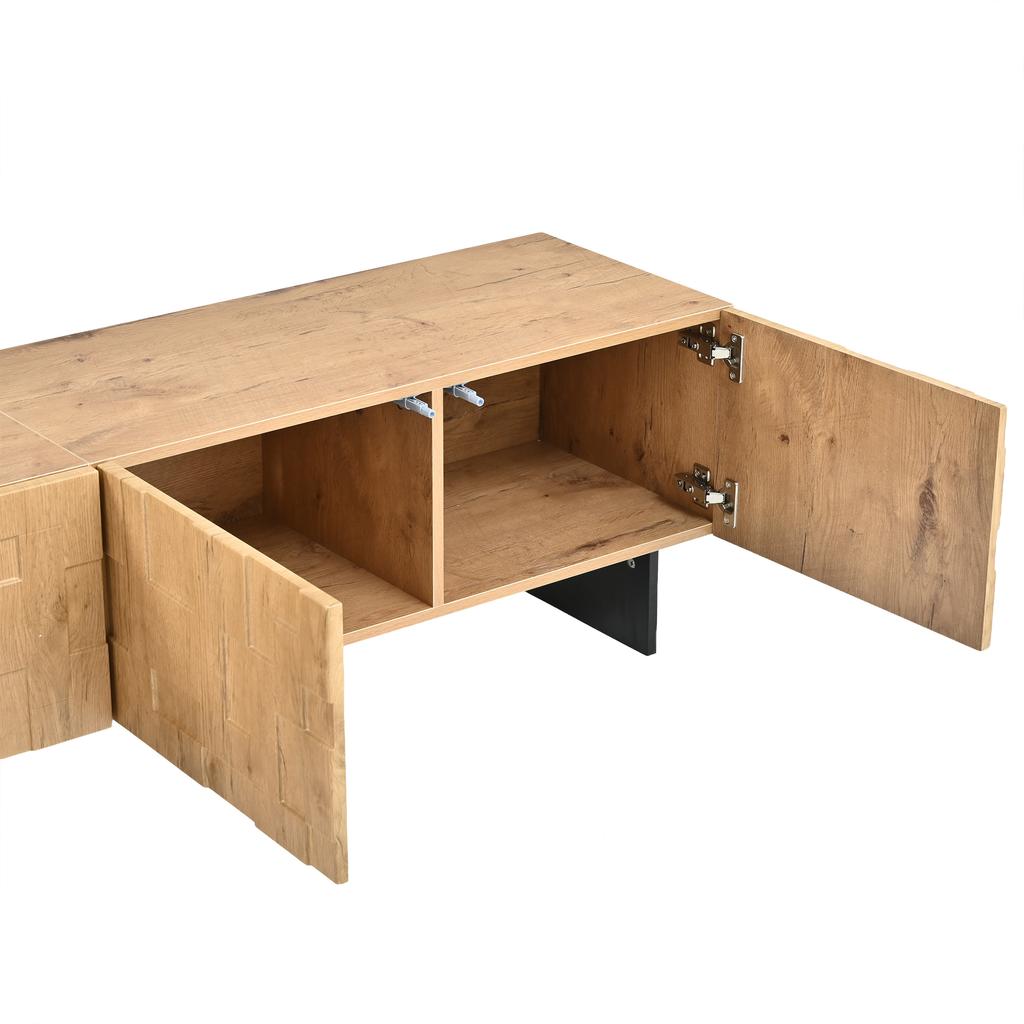 TV cabinet, TV board for TVs up to 75 inches, with lots of storage space, with 4 waffle-grid cabinet doors, natural wood color, 180×38.5×45cm