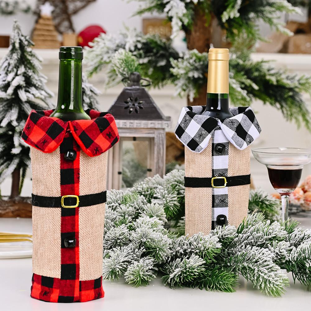 Red Cozy And Black Tartan Wine Bottle Sleeve With Elegant Burlap Bell For Holiday Celebrations