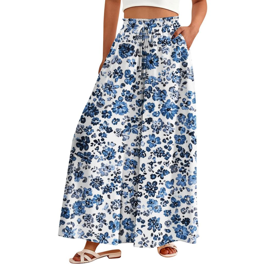 Women's Palazzo Pants Boho Floral Wide Leg Trousers Summer Beach High Waisted Flowy Pants With Pockets