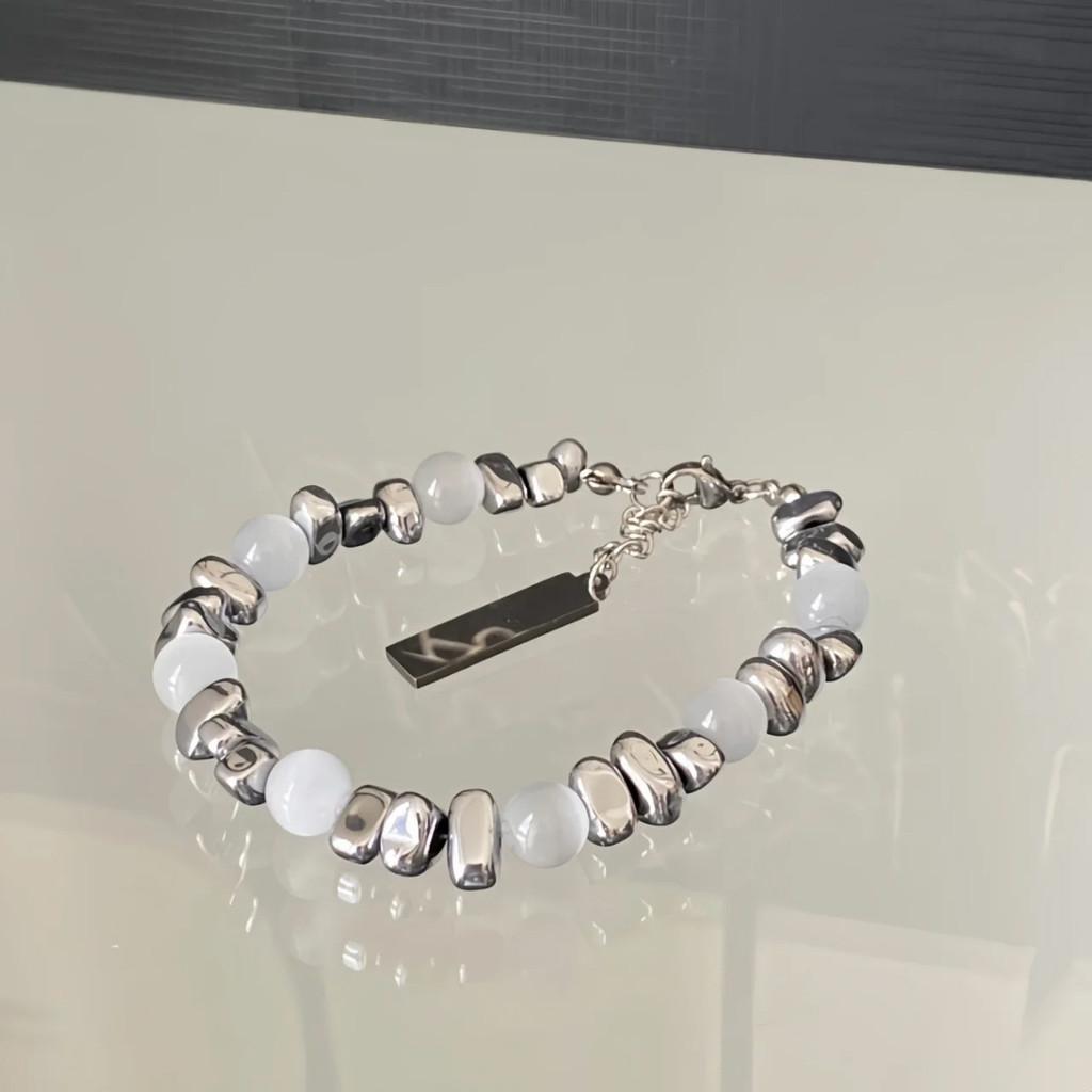 Titanium Steel Cross Bracelet For Men With Cat Eye Stone Bead Handcrafted Jewelry Gift