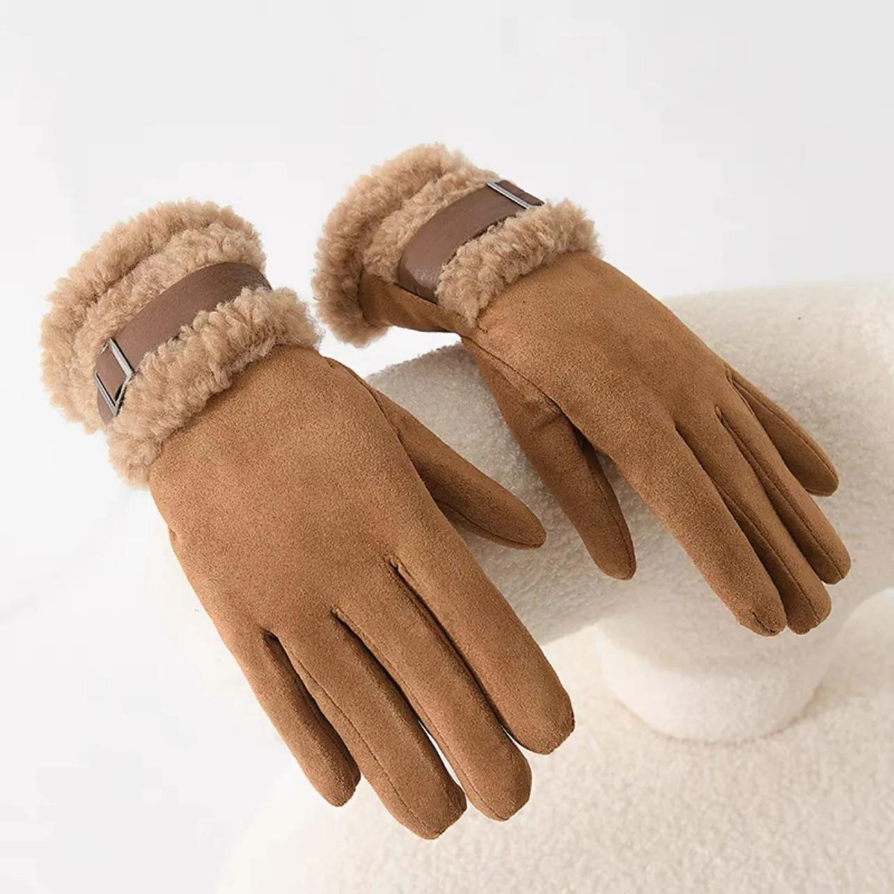

Women s Touch Screen Winter Cycling Gloves Outdoor Biking Thermal Mittens Suede Thickened Velvet Cold Proof Windproof Anti-Slip коричневий