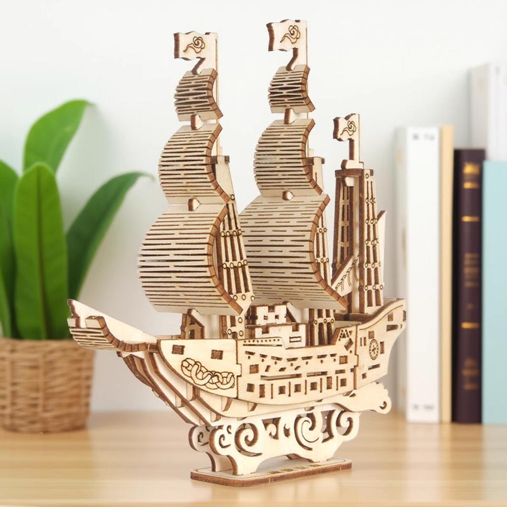 1Pc Wooden Ocean Sailboat Model Three-dimensional Puzzle Children's Toy Tabletop Decoration