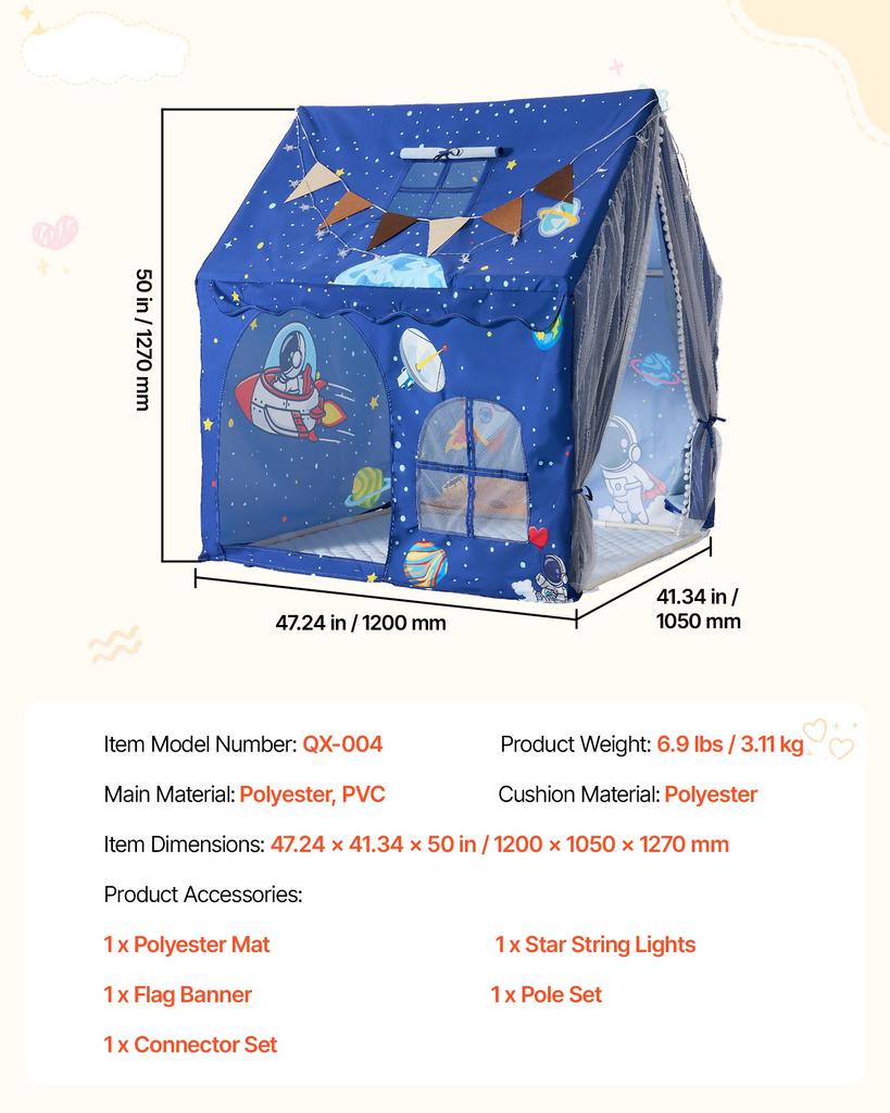 VEVOR Kinder Spielzelt PVC-Rahmen Spielhaus für Kinder mit gepolsterter Matte Blau, für Kleinkinder Mädchen Jungen, Indoor & Outdoor, Leseecke Nickerchen Bett Zelt