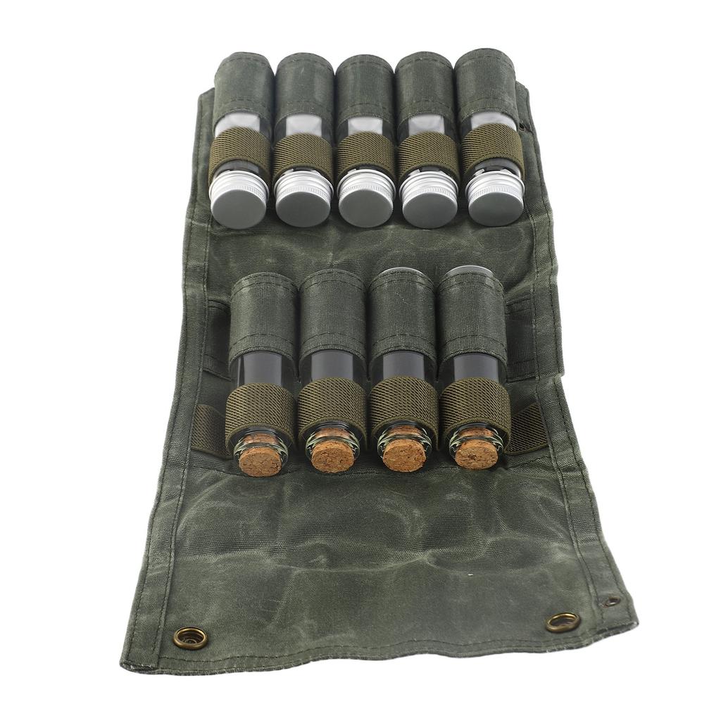 Tragbare Gewürztasche Mehrzweck-Leinwand-Gewürzlagerbeutel mit 9 Gewürzgläsern für Outdoor-Camping-Reisen OD-Grün