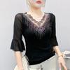 Summer Fashion Sexy V-neck Girl T-shirt Clothes Shiny Hot Diamond Flare Sleeve Mesh Tees High Quality Women's Tops