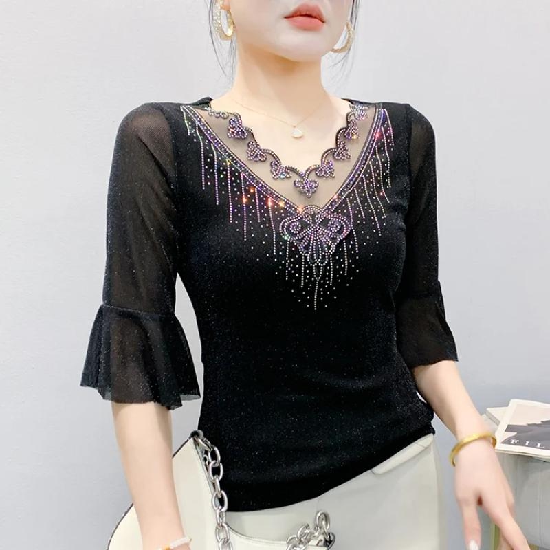 Summer Fashion Sexy V-neck Girl T-shirt Clothes Shiny Hot Diamond Flare Sleeve Mesh Tees High Quality Women's Tops
