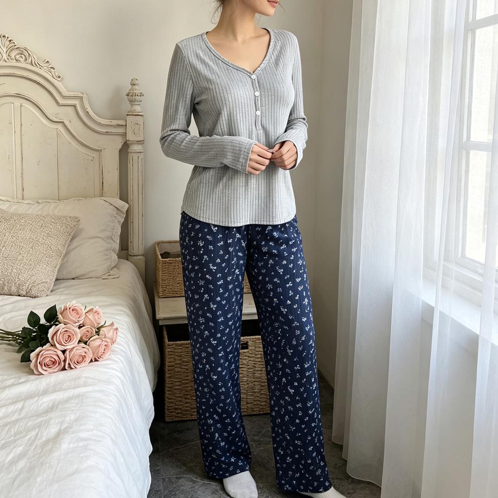 Spring and Autumn Women's New Style Sleepwear Fashion Knitted Loose-Sleeved Top and Casual Pants Set