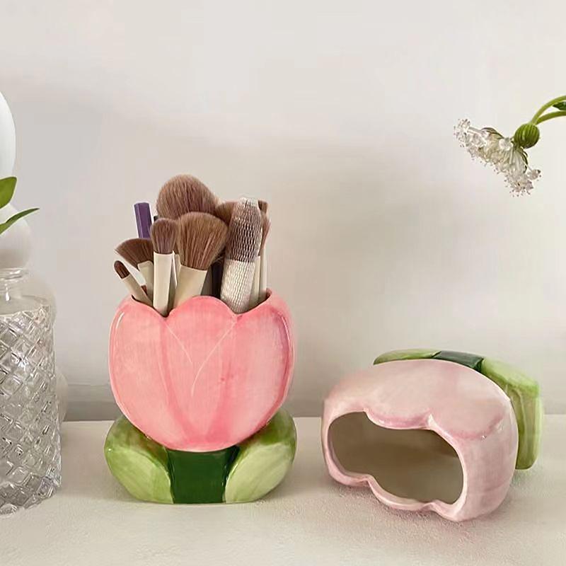 Flower Pen Holder Ceramic Desktop Decoration Cute Girl Desk Office Storage Box Stationery Shelf Storage Tank