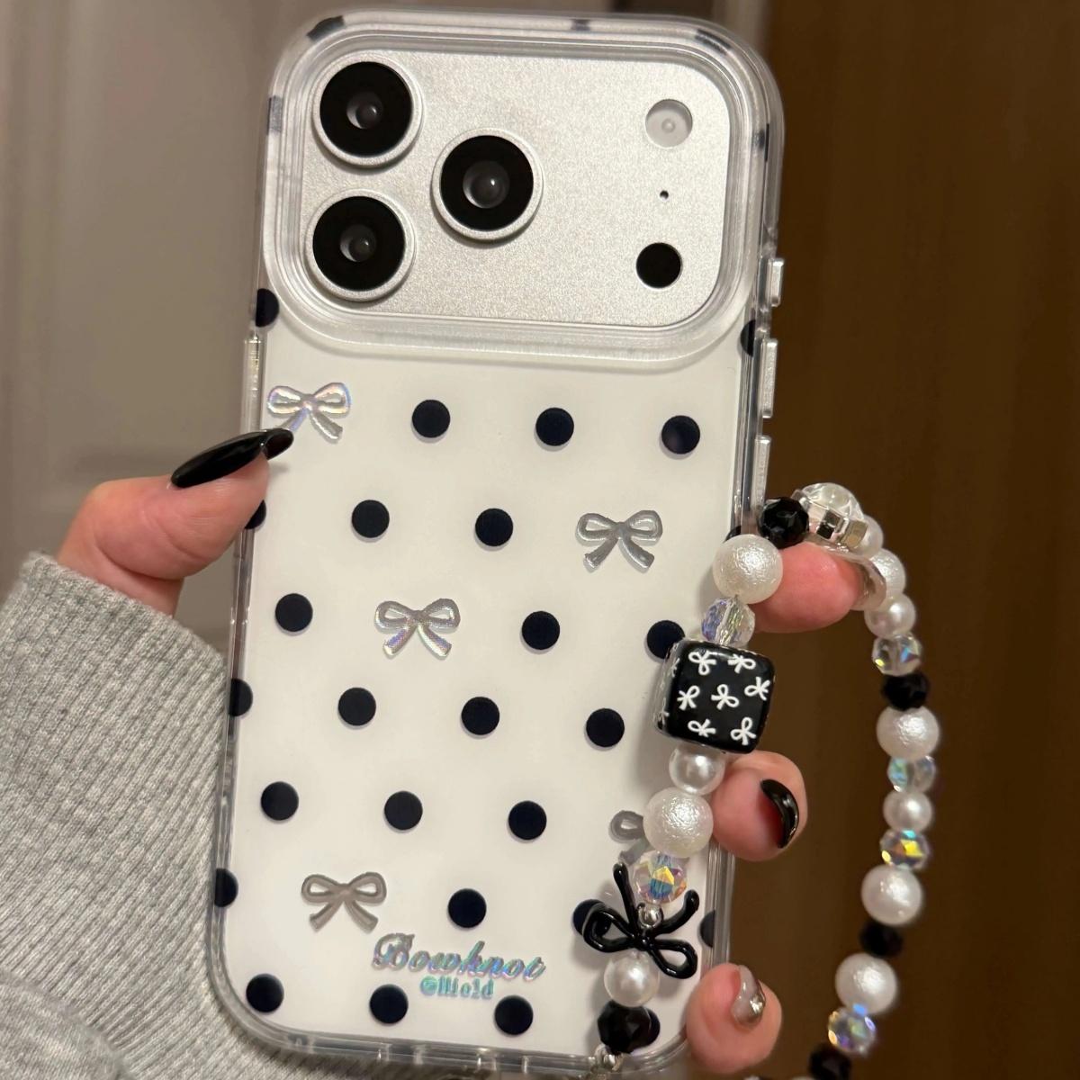 

Black White Polka Dot Bow Apple 17ProMax Case Korean Style iPhone15 16Pro 17Pro with Strap 14 Full Protection Anti Drop Phone Cover iPhone 13