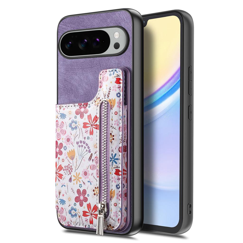For Google Pixel 10 Pro XL Leather Phone Cover with RFID Blocking Zipper Card Bag Kickstand