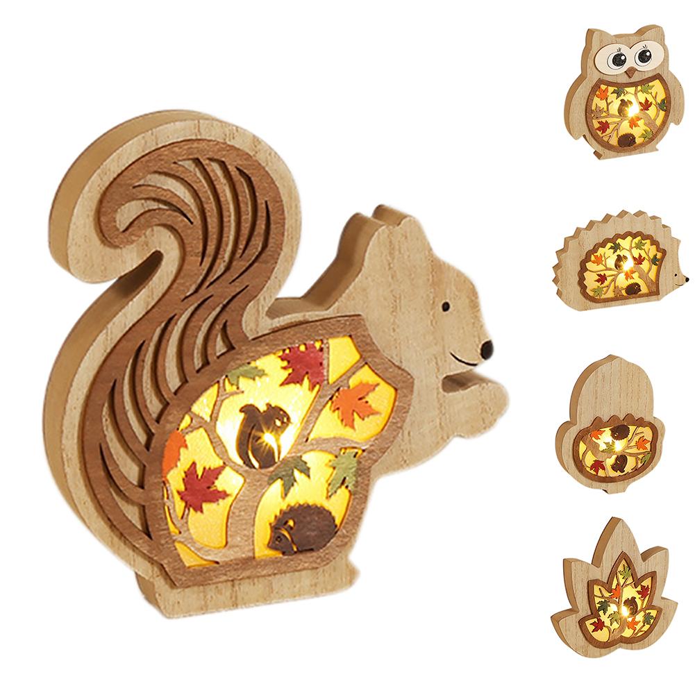 Wooden Ornaments With LED Light Squirrels Owls Hedgehogs Shape Carving Art Crafts Desktop Decoration For Thanksgiving Harvest Festival