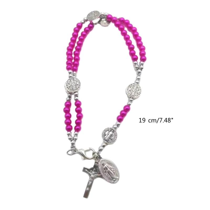 Catholic Cross Finger Chain Double Layer Imitation Pearl Beaded Wrist Chain Cross Rosary Bracelet for Women and Girls