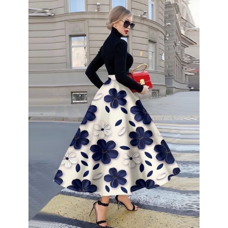 Printed Design Suitable for All Four Seasons Blue White Floral Pattern Print Vacation Style Elegant Style Women's Skirt