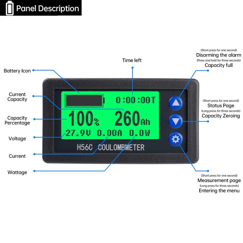 DC 10-100V 100A 200A 300A Medidor de Capacidade de Bateria Coulomb Monitor de Capacidade Testador Coulomb Voltímetro Amperímetro Wattímetro