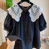 Hollow Lace Embroidered Doll Collar Lace Up Shirt for Women's Spring Korean Loose Fit Slimming Top Blusas De Mujer