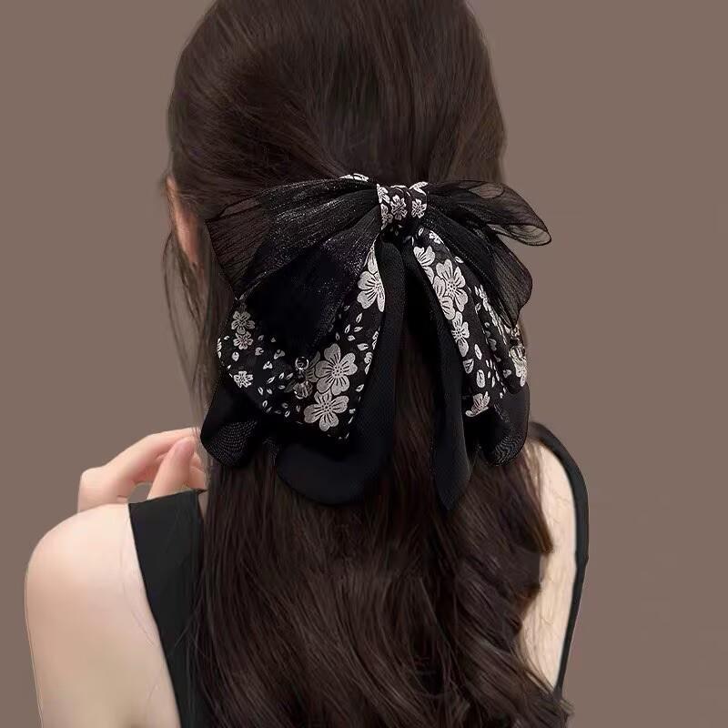 Handmade Chiffon Floral Bow Ponytail Clip for Voluminous Hair