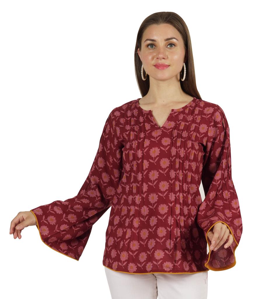 Moomaya Printed Top Full Sleeve Pleated Rayon Kurta Short Tunic Summer Blouse For