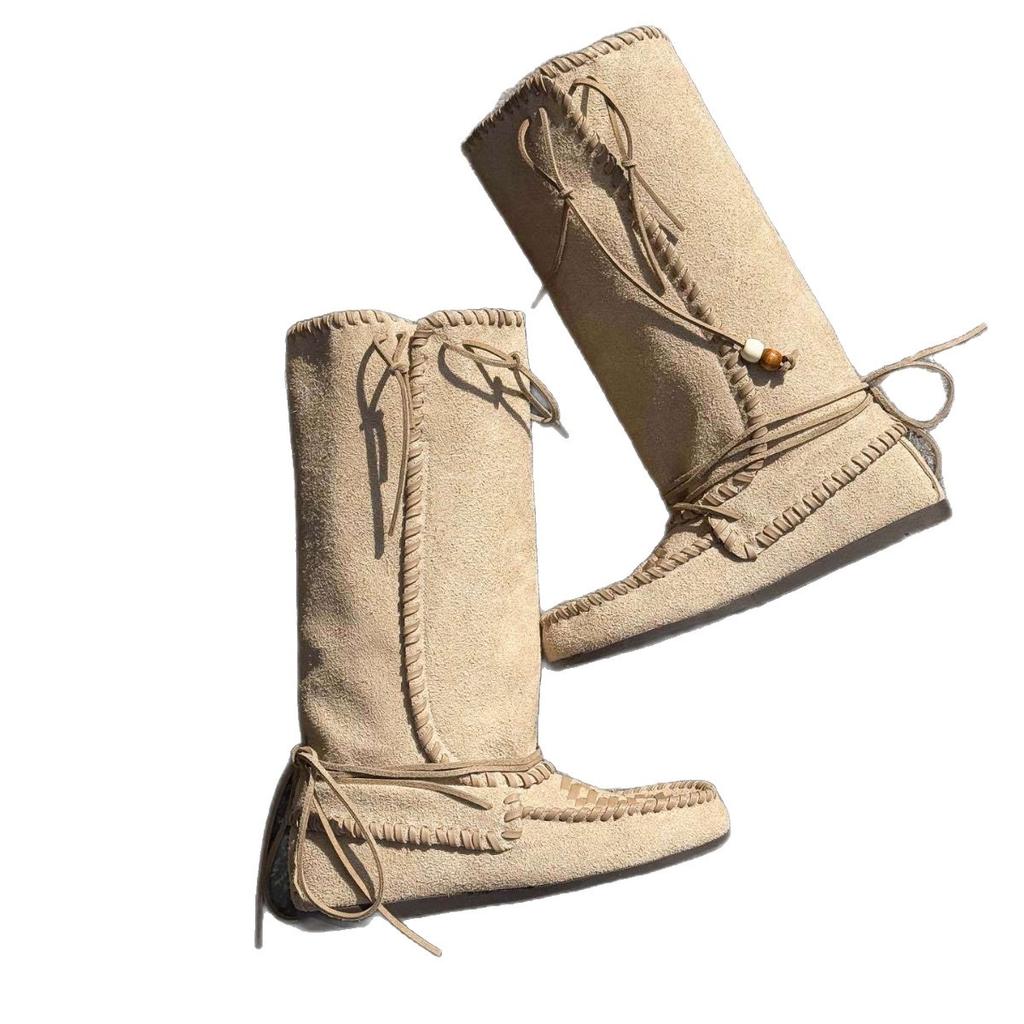 European Station 2025 Autumn New Leather Tassel Strap Tall Western Boots Flat Bottom Foldable Pile Boots Women