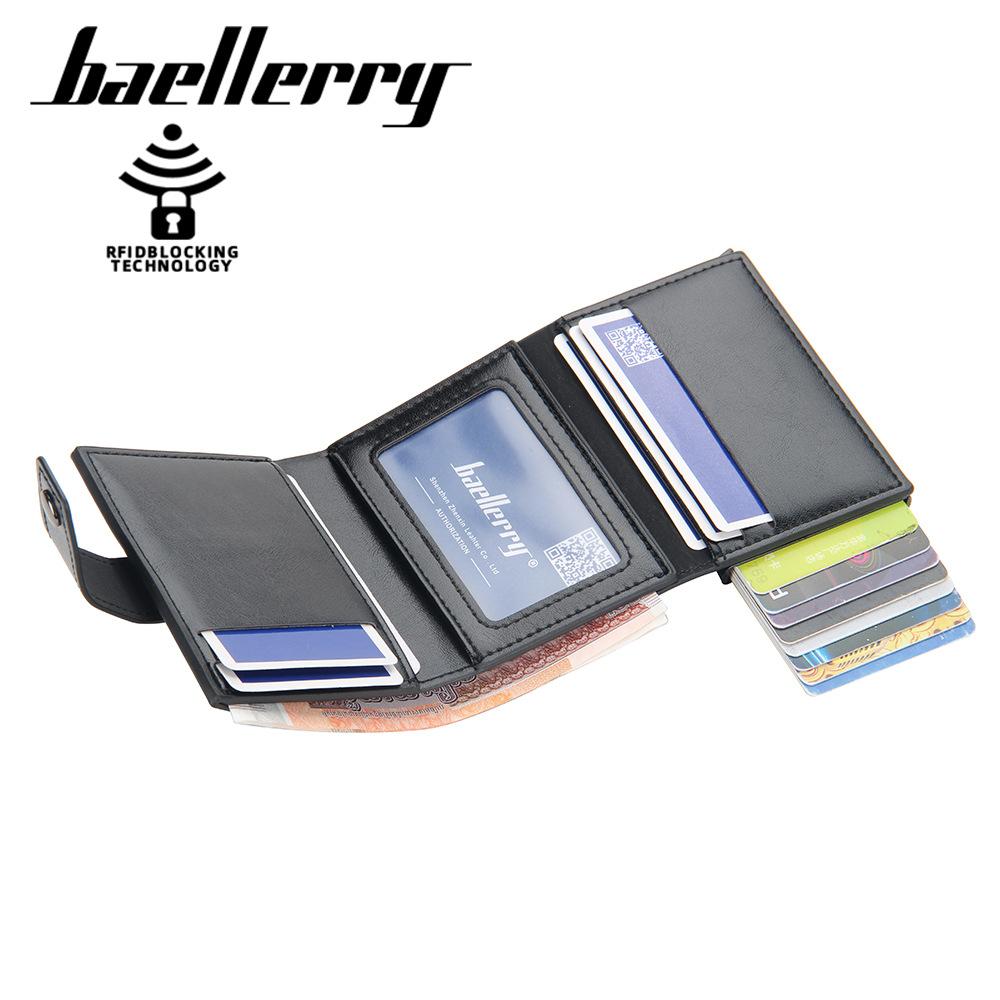 Baellerry Men's Fashion Short Wallet Aluminum Anti-magnetic Card Bag Anti-skimming Card Holder with Snap Button Automatic Pop-up Card Protector