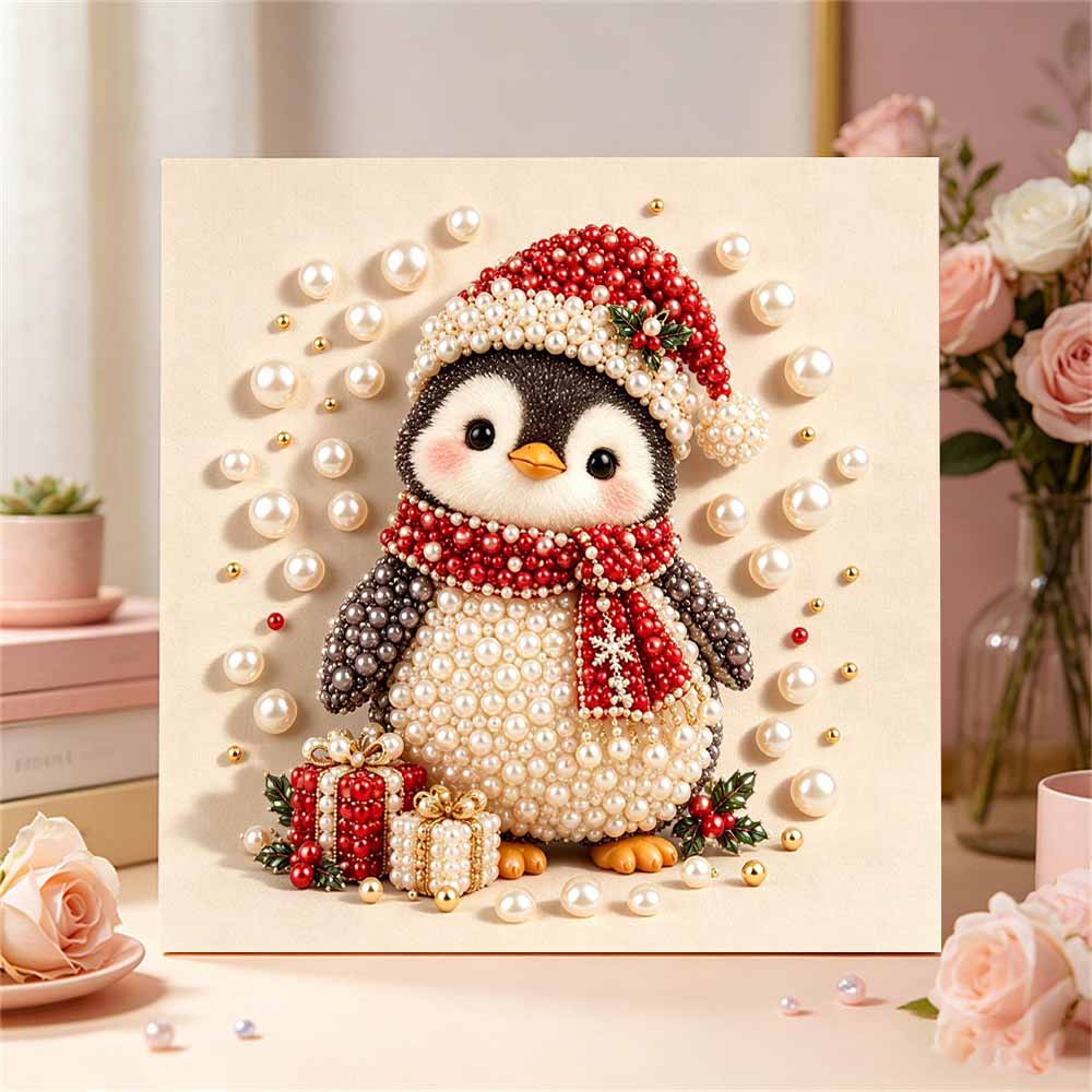 Creative DIY Framed Pearl Art Kit with Christmas Penguin Pattern Sparkling Bead Canvas Ready To Display Relaxing Gift for Adults Keepsake Deco