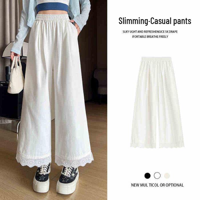 Women's Lace-Trimmed Wide-Leg Pants: Spring/Summer Loose-Fit, Slimming, Plus-Size, Petite Casual Nine-Point Sports Pants