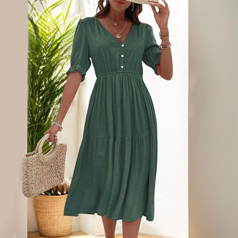 Amazon Independent Station Foreign Trade New European and American Summer Women's Clothing Cross-border Waist V-Neck Solid Color Dress Women