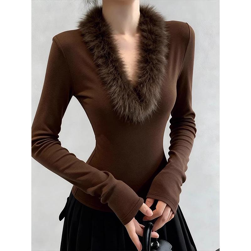 

Elegant French-Style Slim Fit Furry Top for Women - Autumn/Winter 2026 Extra Large кавовий