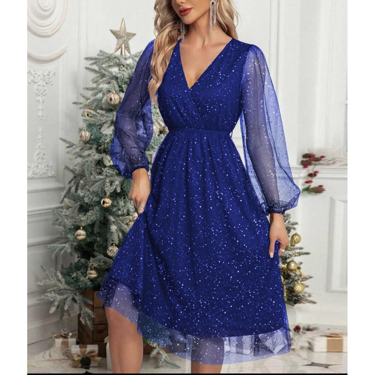 

Жіноче однотонне плаття з сітчастої сітки з довгими рукавами та V-подібним вирізом L синій