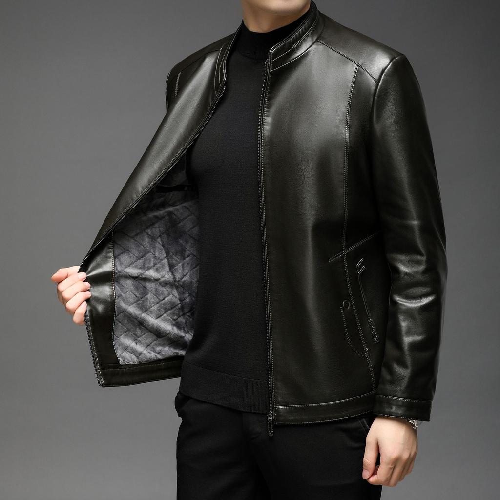 Plyšová kožená bunda pro muže na podzim a zimu Nový stojatý límeček Bunda z měkké kůže pro muže středního věku Volná ležérní kožená bunda