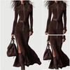 Vintage Modern Stand Collar Zip Split Waist Dress Elegant Lady Style Long Sleeve Knit