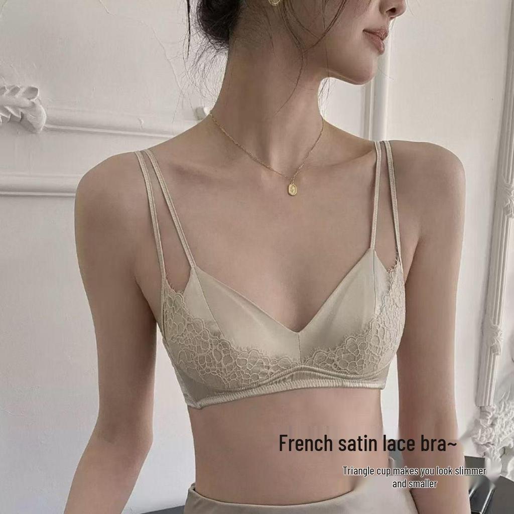 French Satin & Lace Push-Up Bra - Minimizer for Large Busts, Double Strap, Comfortable & Sexy Summer Wear