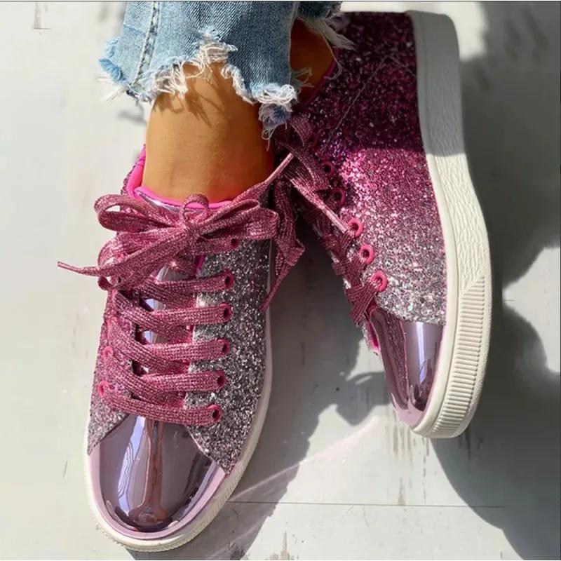 Fashion Wome's Sneakers Bling Golden Shoes Casual Female Breathable Lace Up Outdoor Sport Tennis Women Vulcanize Shoes Zapatos De Mujer