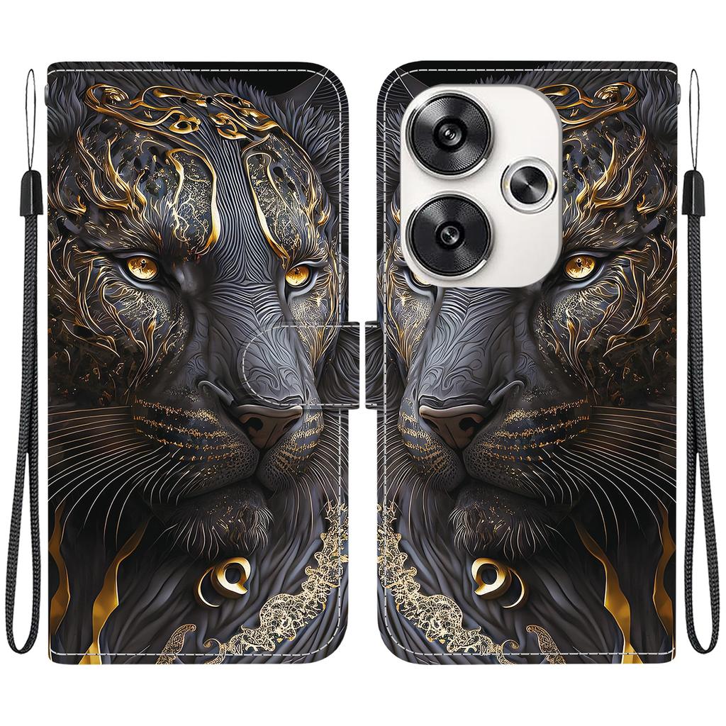 Handmade PU Leather Flip Case for Xiaomi Poco F6 Anti-Slip Shockproof Cover with Wrist Strap & Heart/Rose Cat Designs