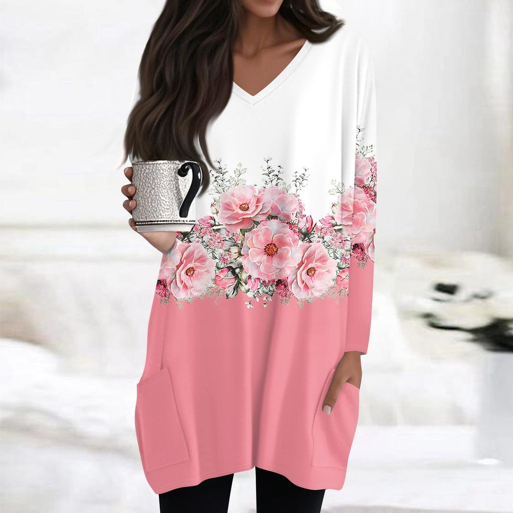 Damen Oberteile V-Ausschnitt Langarm Blusen Lässige Mittellange Hemden Mode Druck Tunika Oberteile Mit Taschen