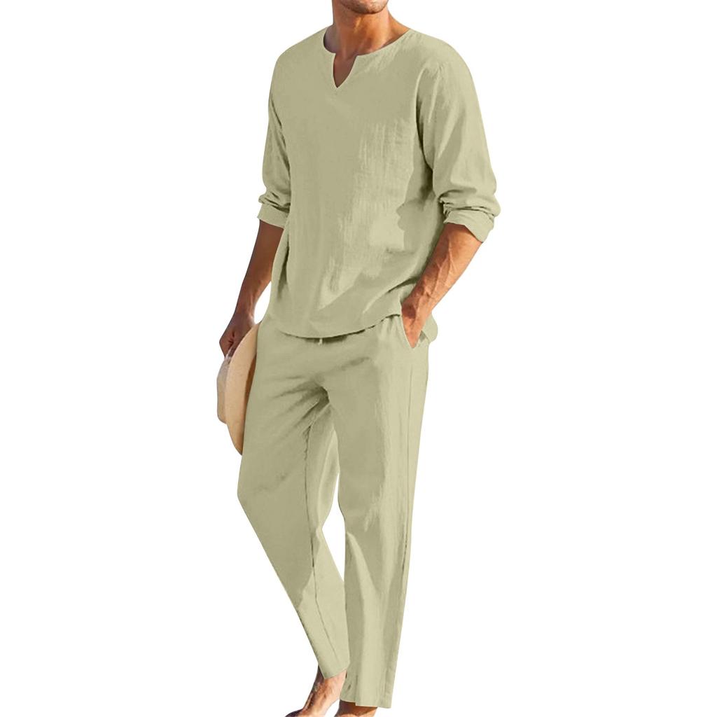 Men's Summer Cotton Linen Color Loose V-Neck Long-Sleeved Top Trousers Suit