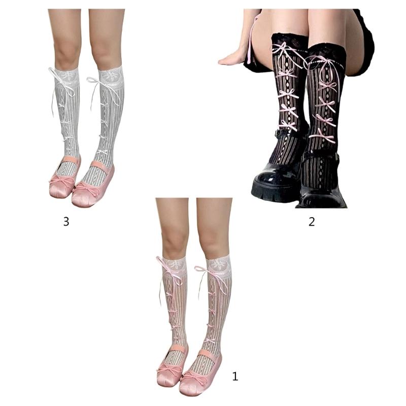 Meia Feminina Estilo Ballet Laço de Fita Meia Aberta Renda Listrada Fishnet Buracos Fishnet Longa Comprimento do Joelho