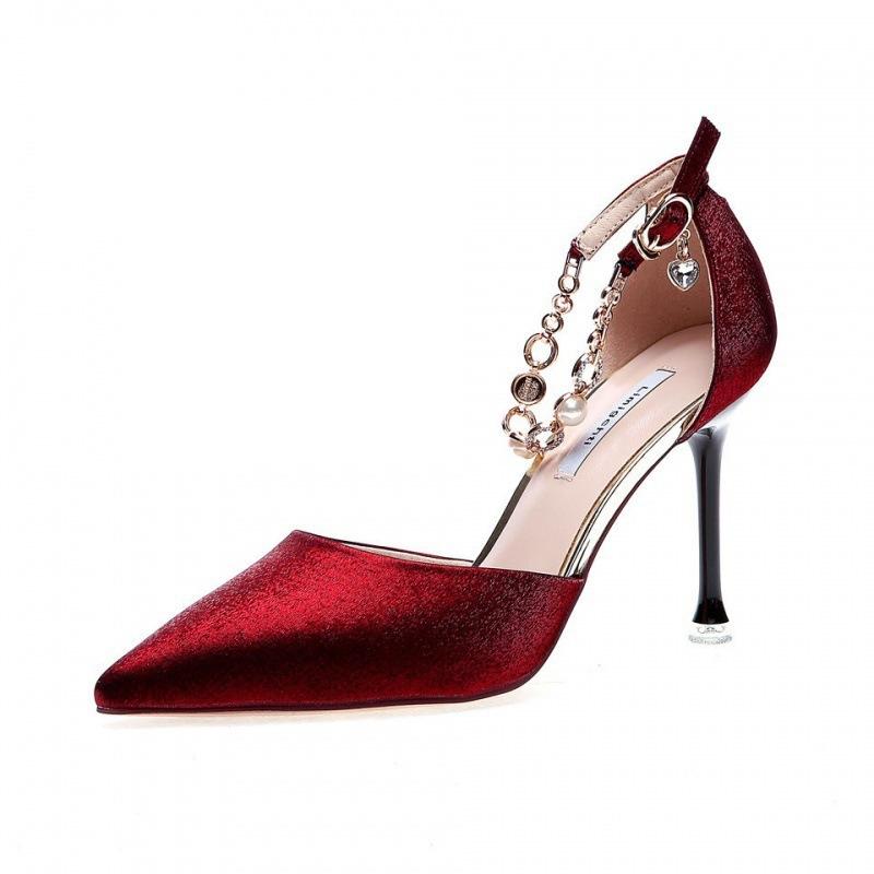 Talons hauts à semelle rouge, sexy satin strass pointus à boucle un mot, rouge printemps 2021 escarpins stiletto pour femmes