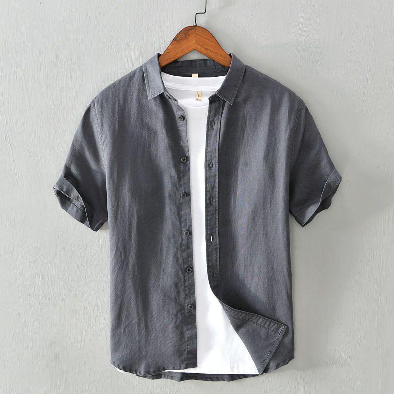 Men's Summer Loose Fit Basic Cotton-Linen Short Sleeve Shirt