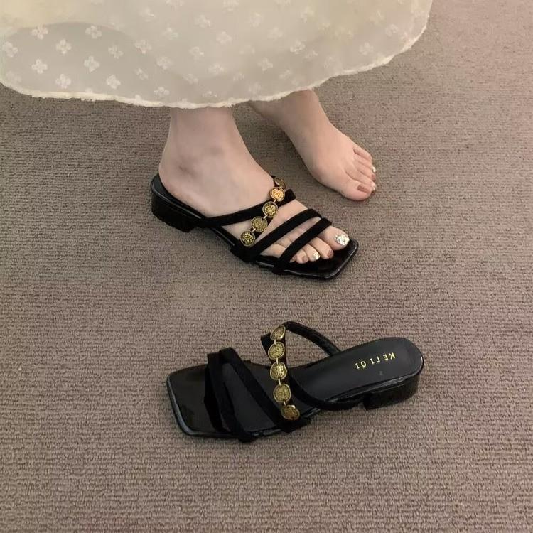 Fashion 2025 Summer New Fashion Women High Heels Slippers Square Toe Shoes for Women Design Open Toe Slingback Slides Female Zapatos