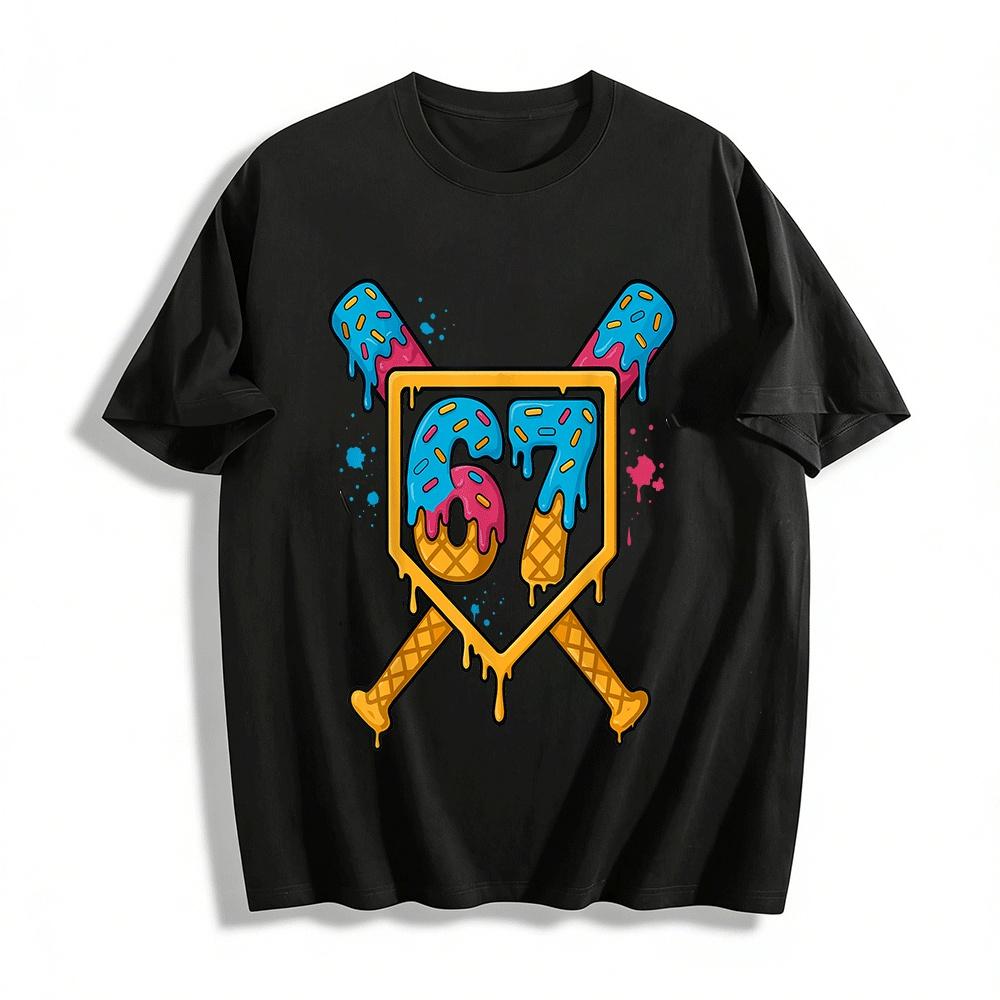 Funny No.67 Cone Baseball Bat Print Casual Short Sleeve T-Shirt Pure cotton T-shirt XXS