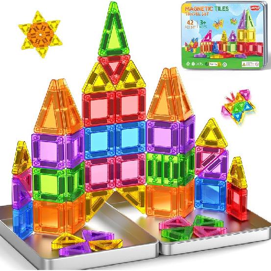 Mini Magnetic Tiles Travel Magnetic Tiles with Iron Box,42PCS Magnet Building Block Set Travel Toys for Kids Ages 3+,Educational Portable Magnet Toys 42PCS Travel Tiles